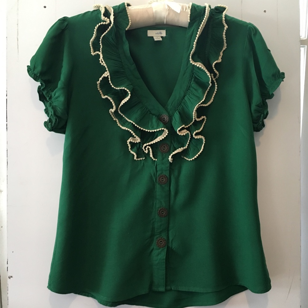 Emerald Green Lace Ruffle Anthropologie Blouse